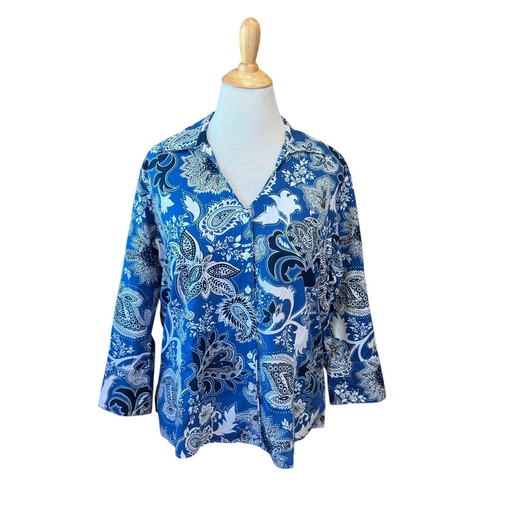 Coldwater Creek Blue Paisley 100% Cotton Button Front Cotton Blouse Top 1X